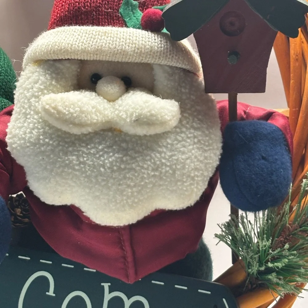 Vintage Festive Santa and Snowman Holiday Wreath - Red and Green